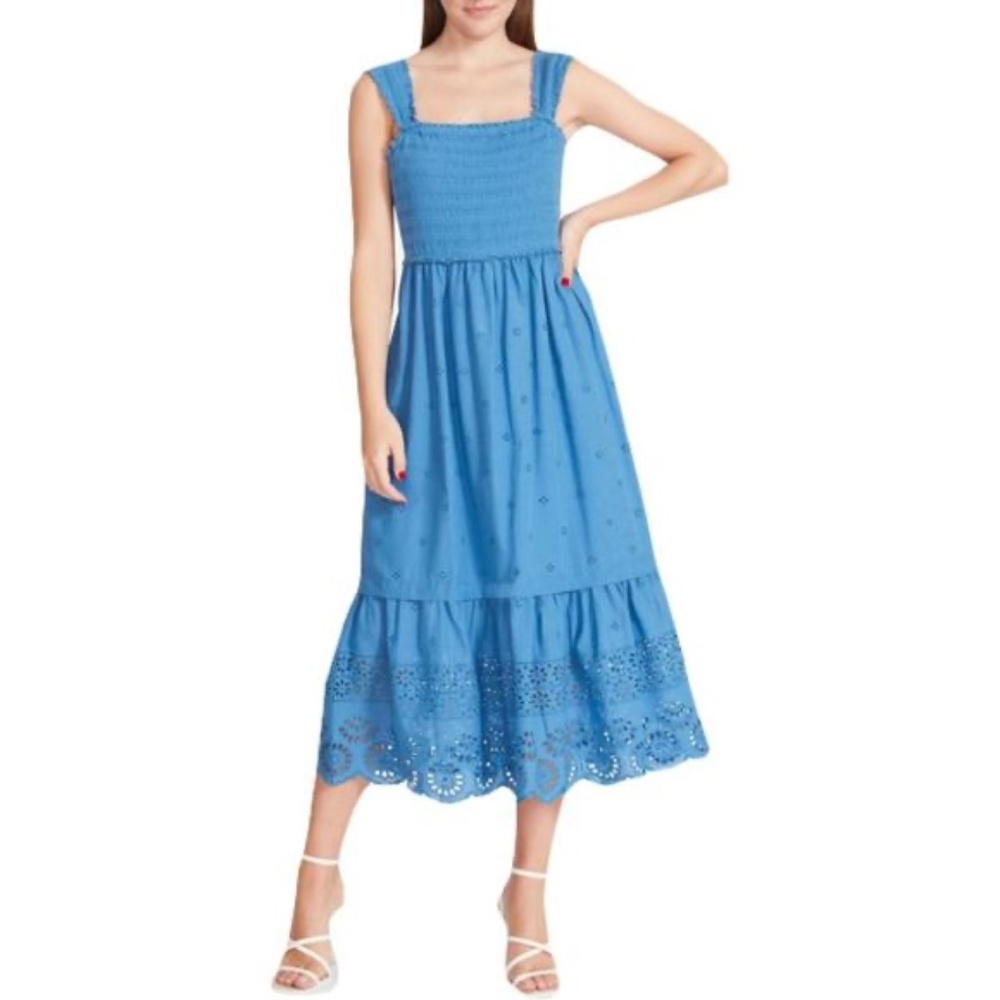 Betsey Johnson XS Federal Blue Smocked Embroidered Eyelet Midi Dress NWOT